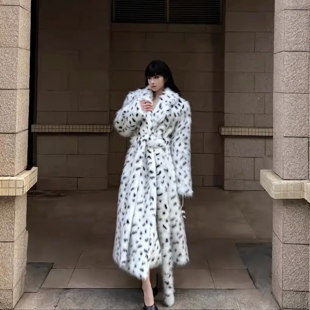 Vegan-Friendly Faux Fox Fur Oversized Coat w/ Dalmation Print - Picture 7 of 14